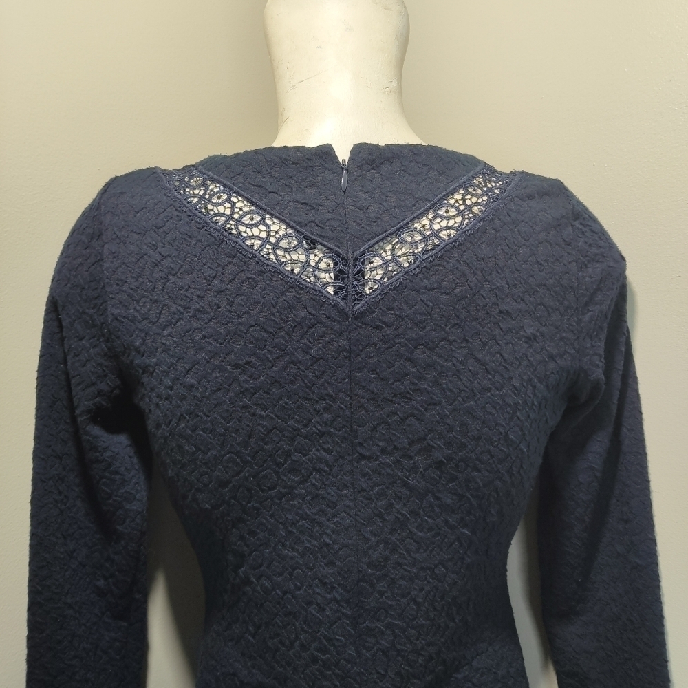 THE KOOPLES Navy Blue Fit & Flare textured Dress S lace Detail Stretch S M - Picture 7 of 12